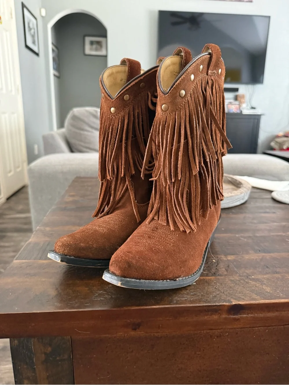 Girls Fringe Suede Western Ankle Boots - Brown